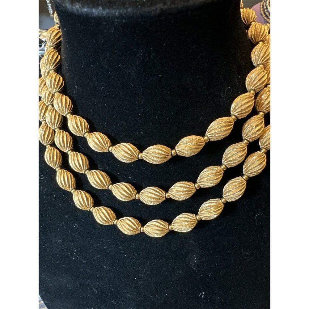 Vintage Bergere Beaded Three Strand Twisted Bead Necklace Goldtone 18 In